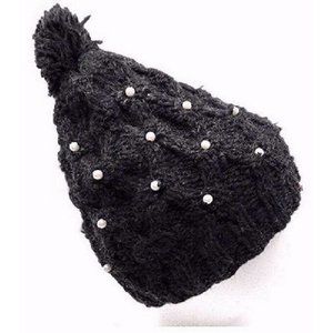 Hand Knit Warm Woolen Fleece Lined Beanie Hat w/ Faux Pearl Accent Made in Nepal